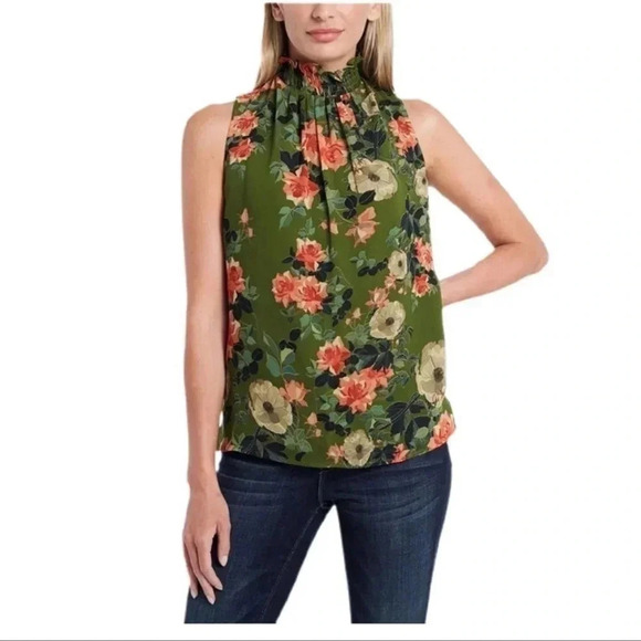 Vince Camuto Tops - Vince Camuto l Floral Sleeveless Smocked Mock-Neck Blouse